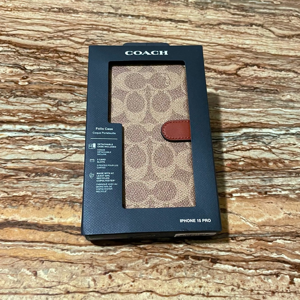 Coach Phonecase Brown Signature C Monogram Logo Folio Wallet Case  iPhone 15 Pro